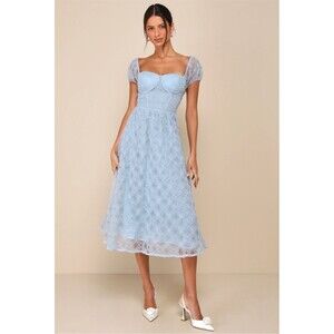 Lulus Dress Womens XL Blue Floral Lace Midi Sweetheart Puff Sleeve NWT